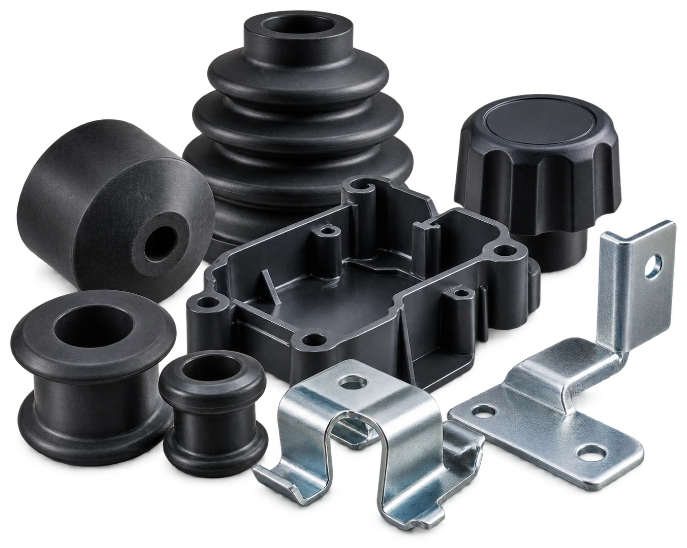 Black moulded rubber buffers, grommets and a bellows, a moulded plastic housing and knob, and zinc-plated pressed metal brackets